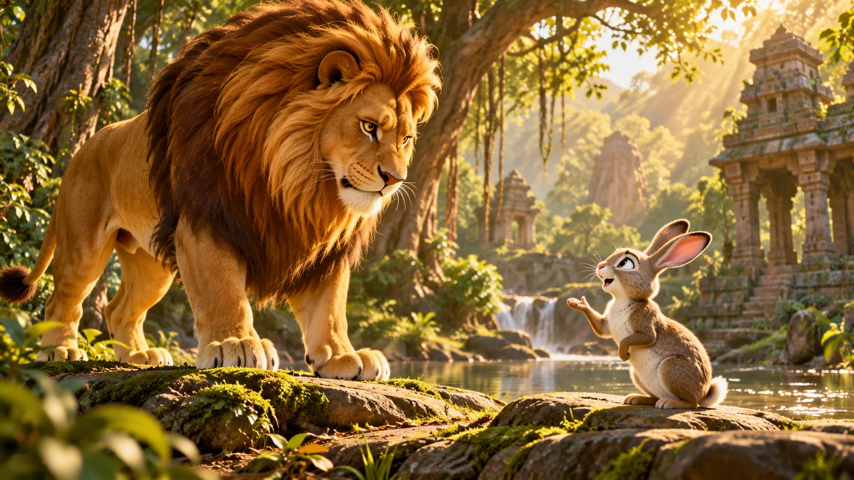 The Lion and the Clever Rabbit illustrated scene
