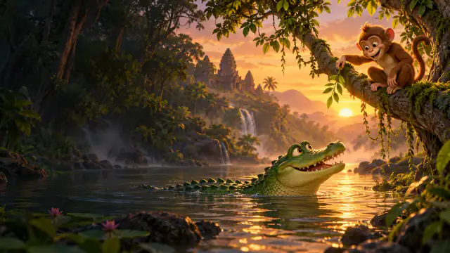 The Monkey and the Crocodile illustrated scene
